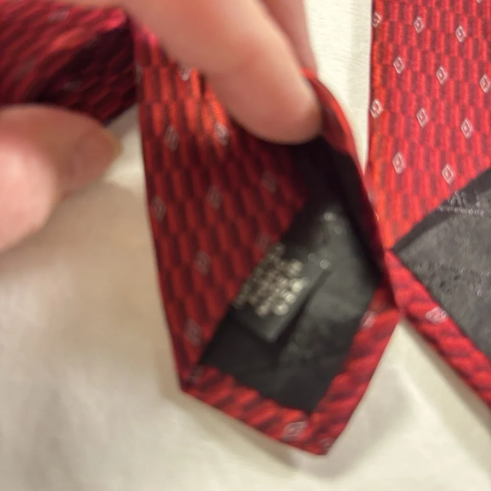 Vtg Murano Mens Necktie Tie Red Grey Geometric Silk 58
